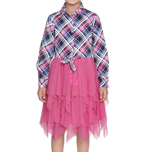 Amfyn Girl's Polyster Crepe Lace Inserts Long Sleeves Dress (Pink-Blue)