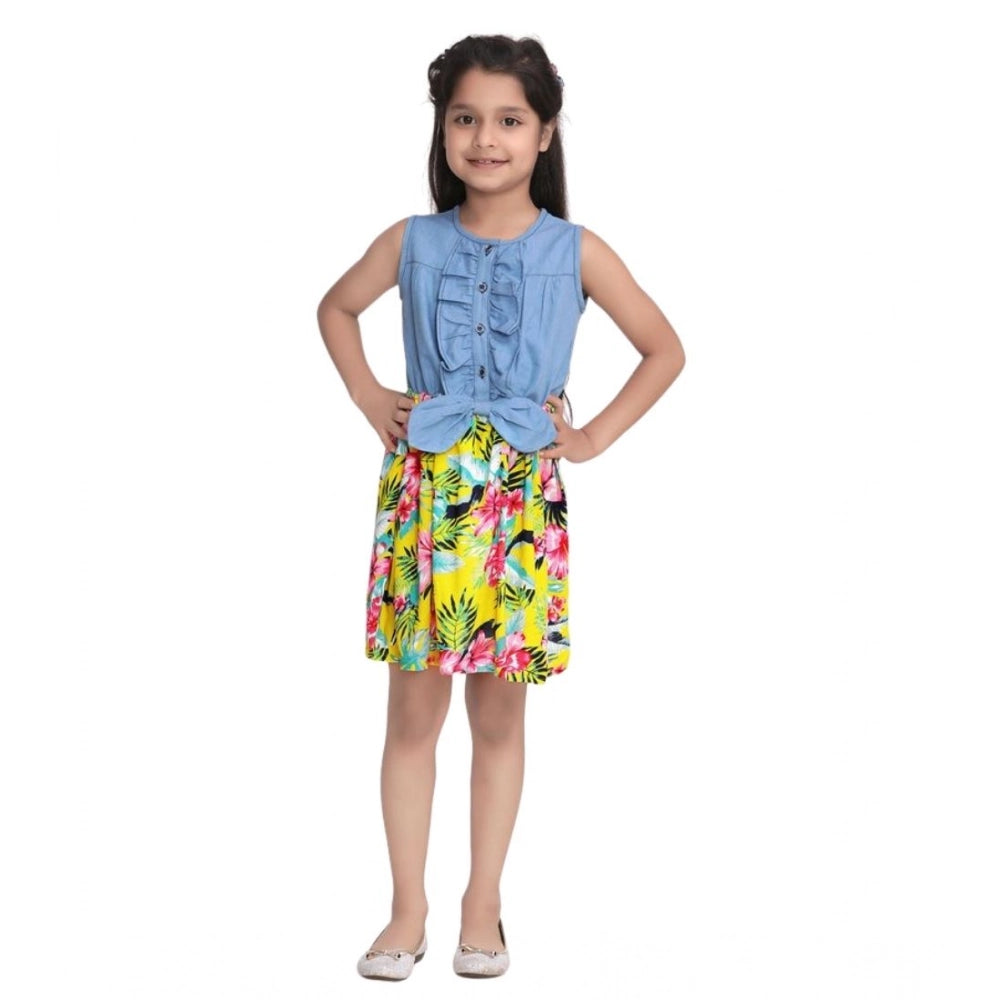 Amfyn Girl's Denim Floral Sleeveless Dress (Blue-Yellow)