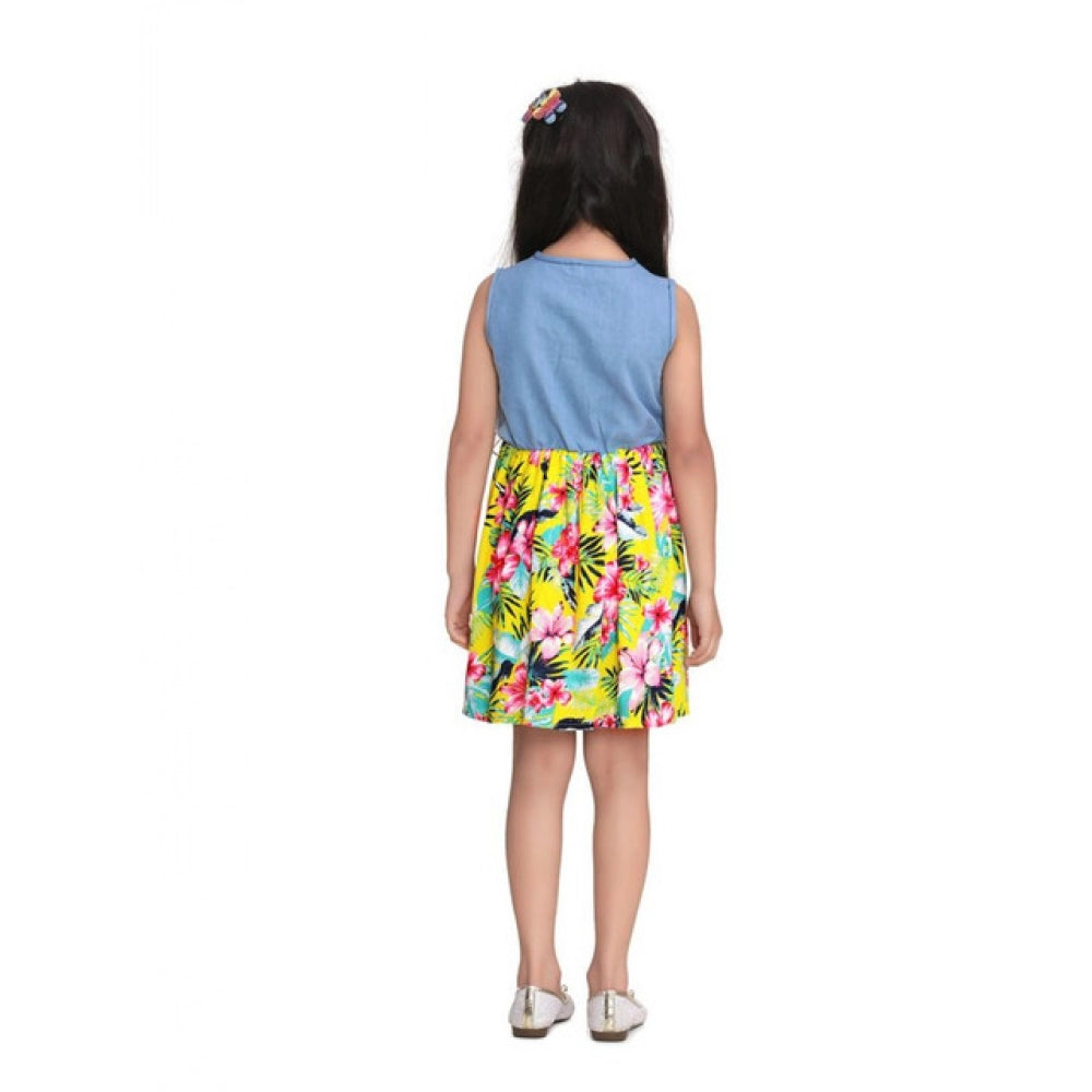 Amfyn Girl's Denim Floral Sleeveless Dress (Blue-Yellow)