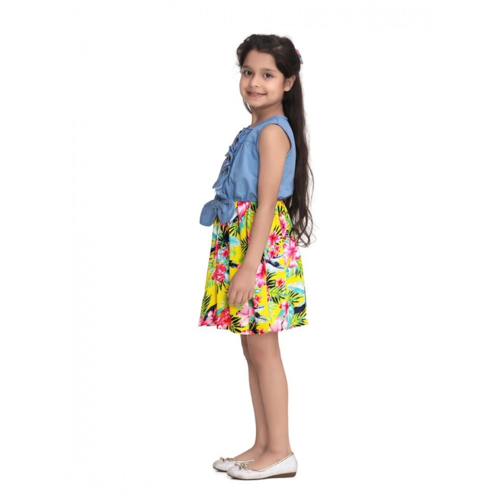 Amfyn Girl's Denim Floral Sleeveless Dress (Blue-Yellow)