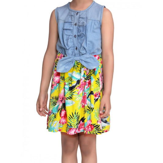 Amfyn Girl's Denim Floral Sleeveless Dress (Blue-Yellow)