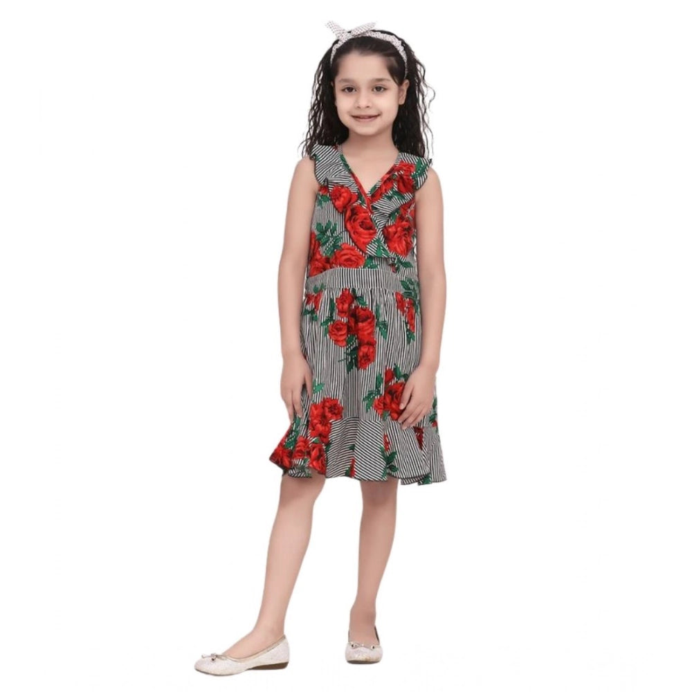 Amfyn Girl's Polyester Crepe Floral Shoulder Straps Dress (Red)