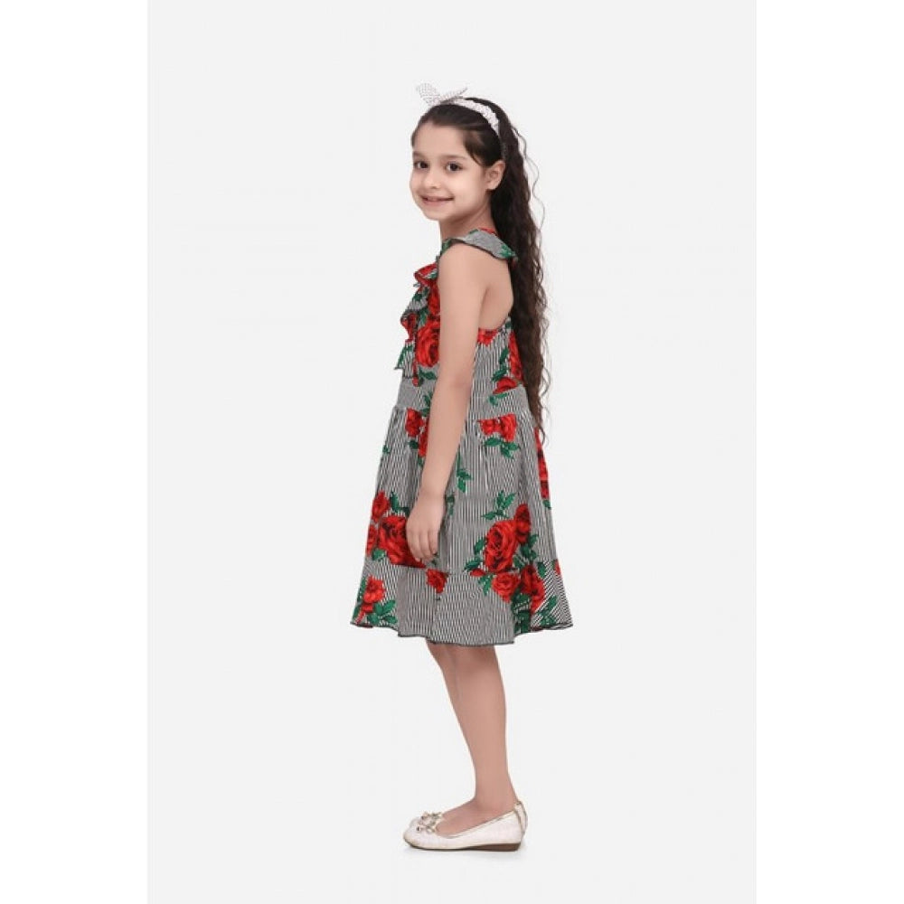 Amfyn Girl's Polyester Crepe Floral Shoulder Straps Dress (Red)