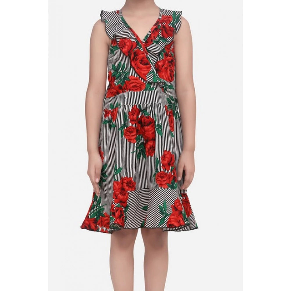 Amfyn Girl's Polyester Crepe Floral Shoulder Straps Dress (Red)