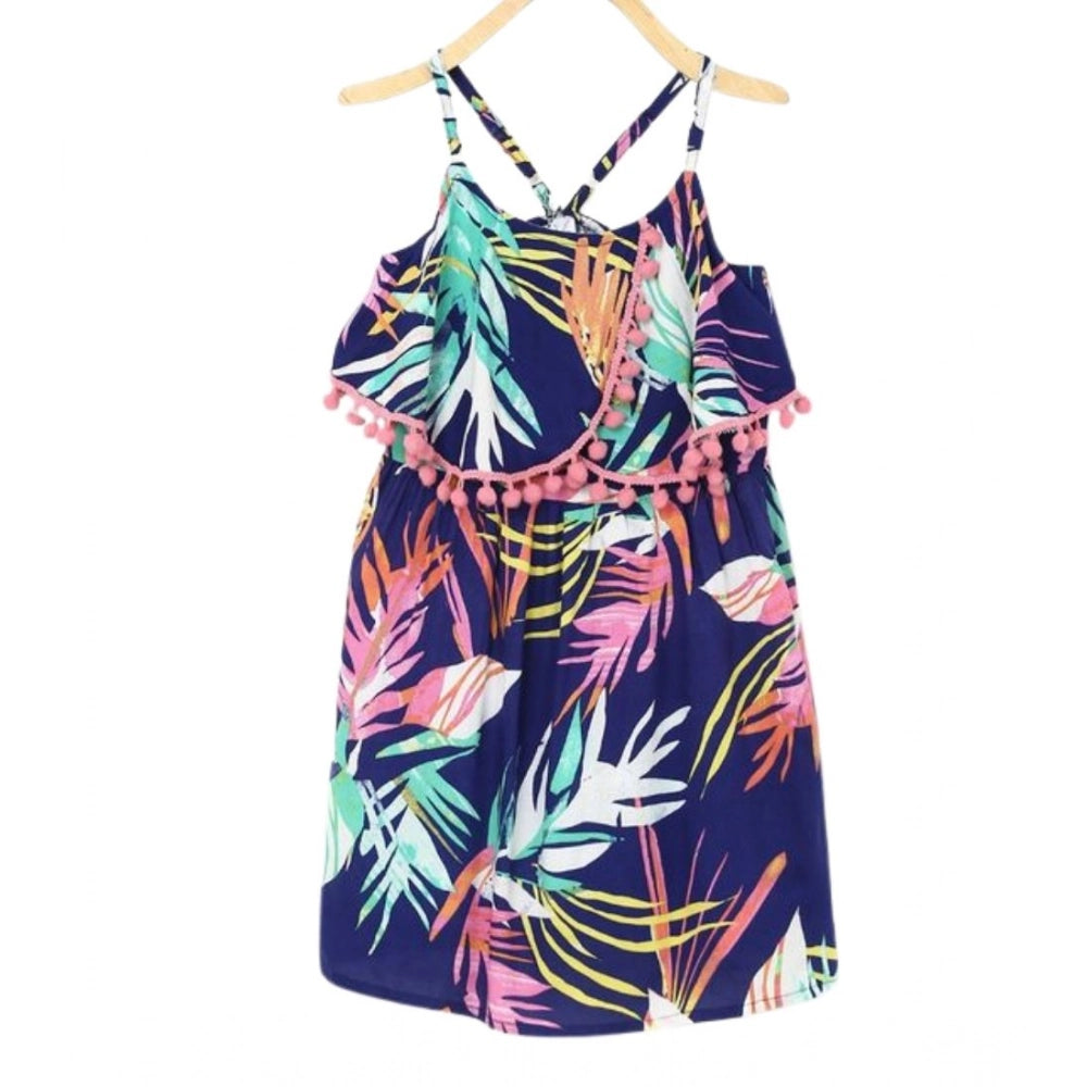 Amfyn Girl's Rayon Printed Shoulder Straps Dress (Navy Blue)