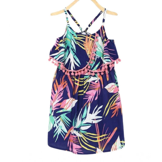 Amfyn Girl's Rayon Printed Shoulder Straps Dress (Navy Blue)