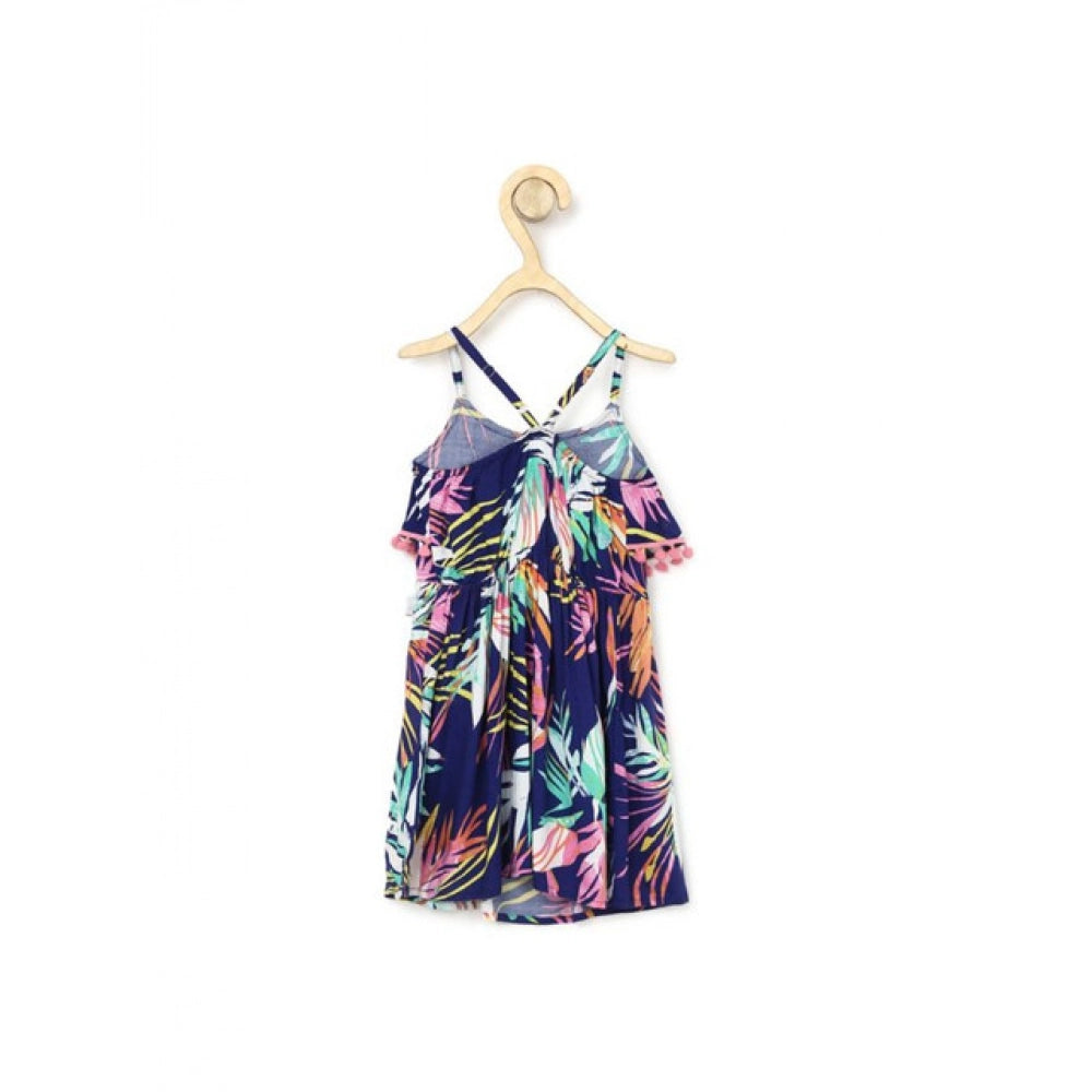 Amfyn Girl's Rayon Printed Shoulder Straps Dress (Navy Blue)
