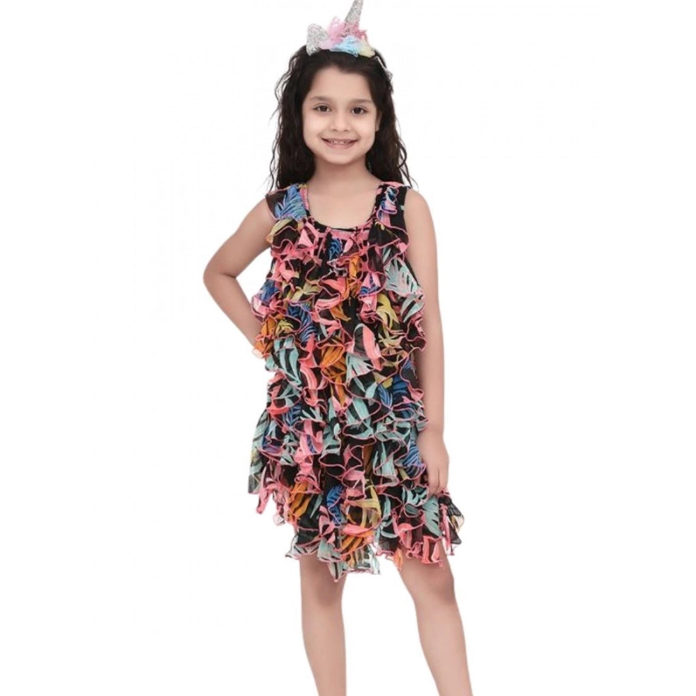 Amfyn Girl's Chiffon Ruffled Sleeveless Dress (Black)