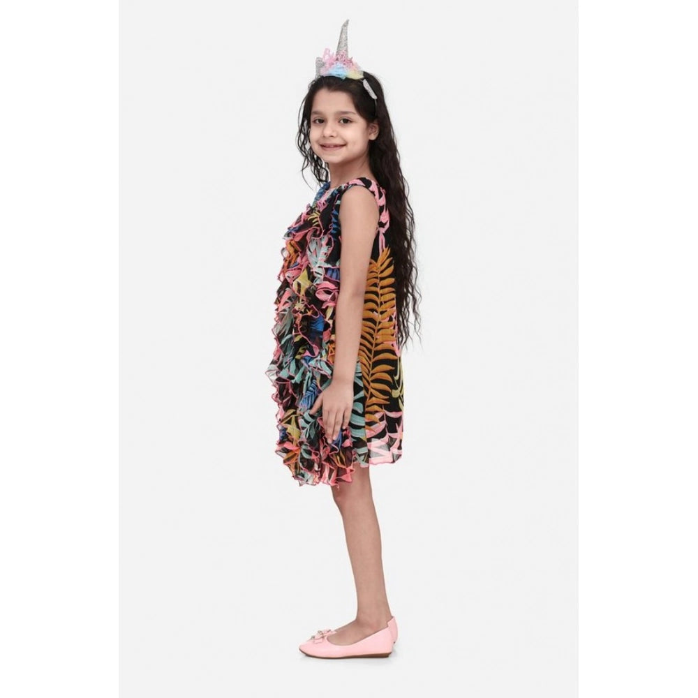 Amfyn Girl's Chiffon Ruffled Sleeveless Dress (Black)