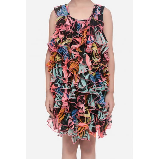 Amfyn Girl's Chiffon Ruffled Sleeveless Dress (Black)