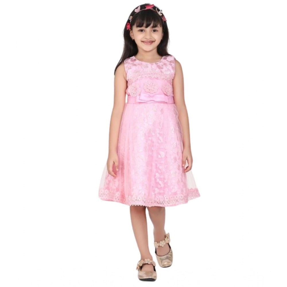 Amfyn Girl's Net Embroidered Sleeveless Dress (Pink)