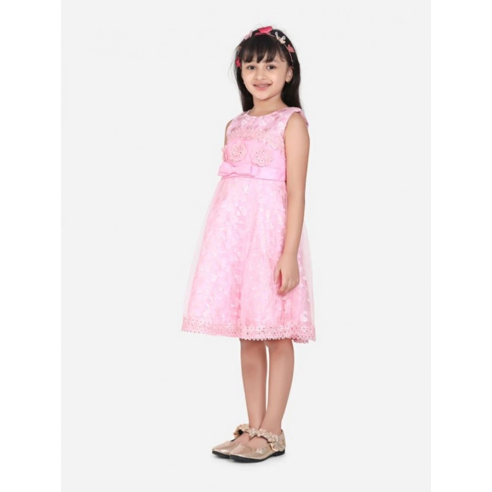Amfyn Girl's Net Embroidered Sleeveless Dress (Pink)