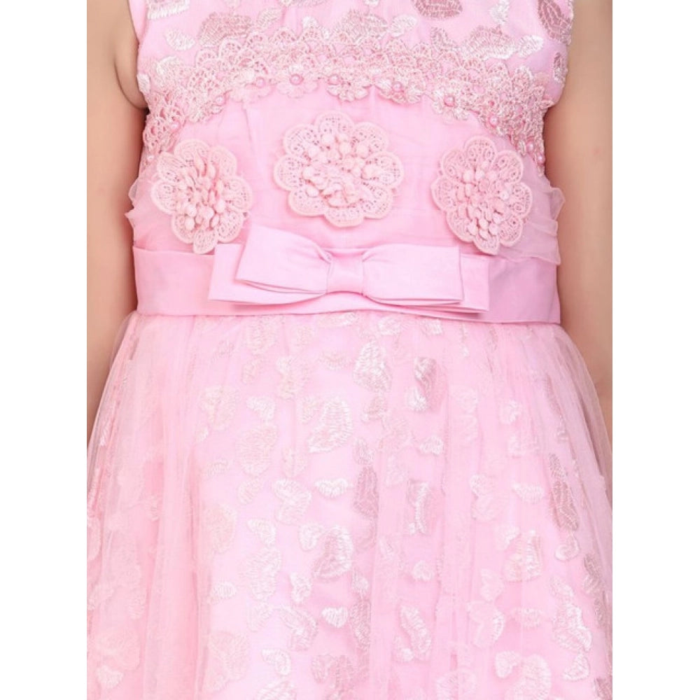 Amfyn Girl's Net Embroidered Sleeveless Dress (Pink)