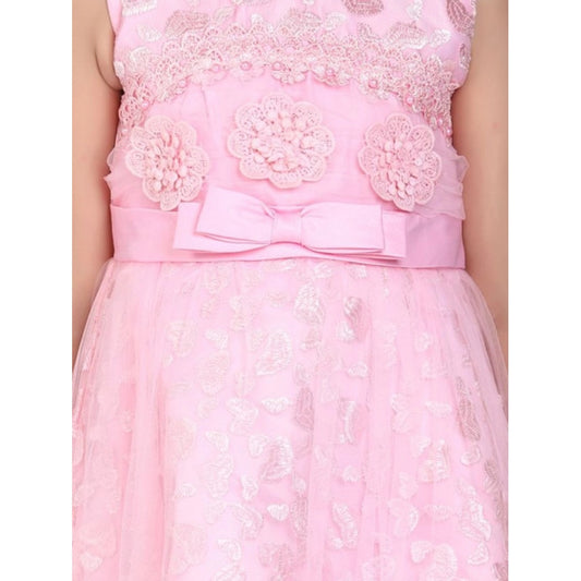 Amfyn Girl's Net Embroidered Sleeveless Dress (Pink)