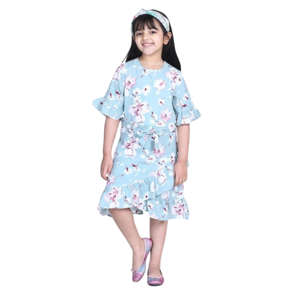 Amfyn Girl's Polyester Crepe Floral Bell Sleeve Dress (Turquoise Blue)