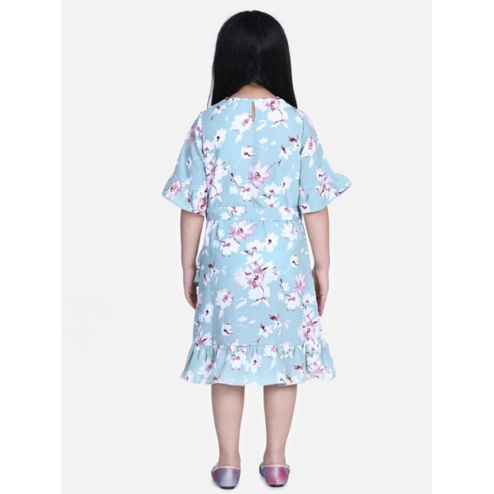 Amfyn Girl's Polyester Crepe Floral Bell Sleeve Dress (Turquoise Blue)