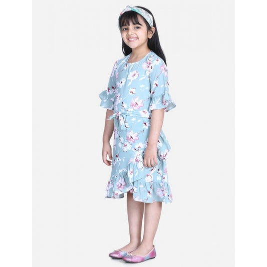 Amfyn Girl's Polyester Crepe Floral Bell Sleeve Dress (Turquoise Blue)