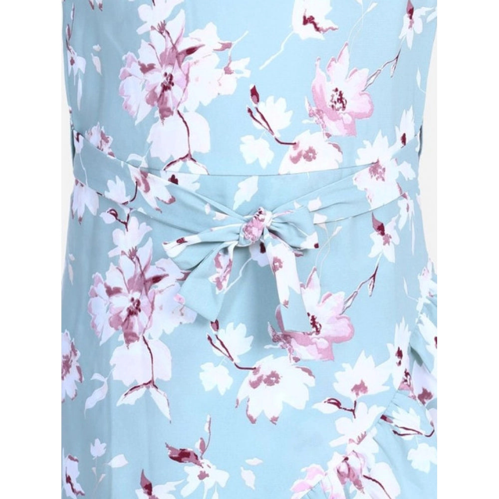Amfyn Girl's Polyester Crepe Floral Bell Sleeve Dress (Turquoise Blue)