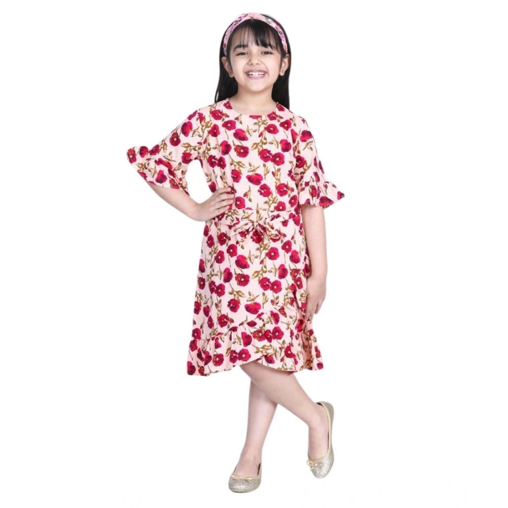 Amfyn Girl's Polyester Crepe Floral Bell Sleeve Dress (Red-Pink)