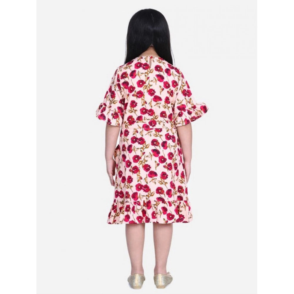 Amfyn Girl's Polyester Crepe Floral Bell Sleeve Dress (Red-Pink)