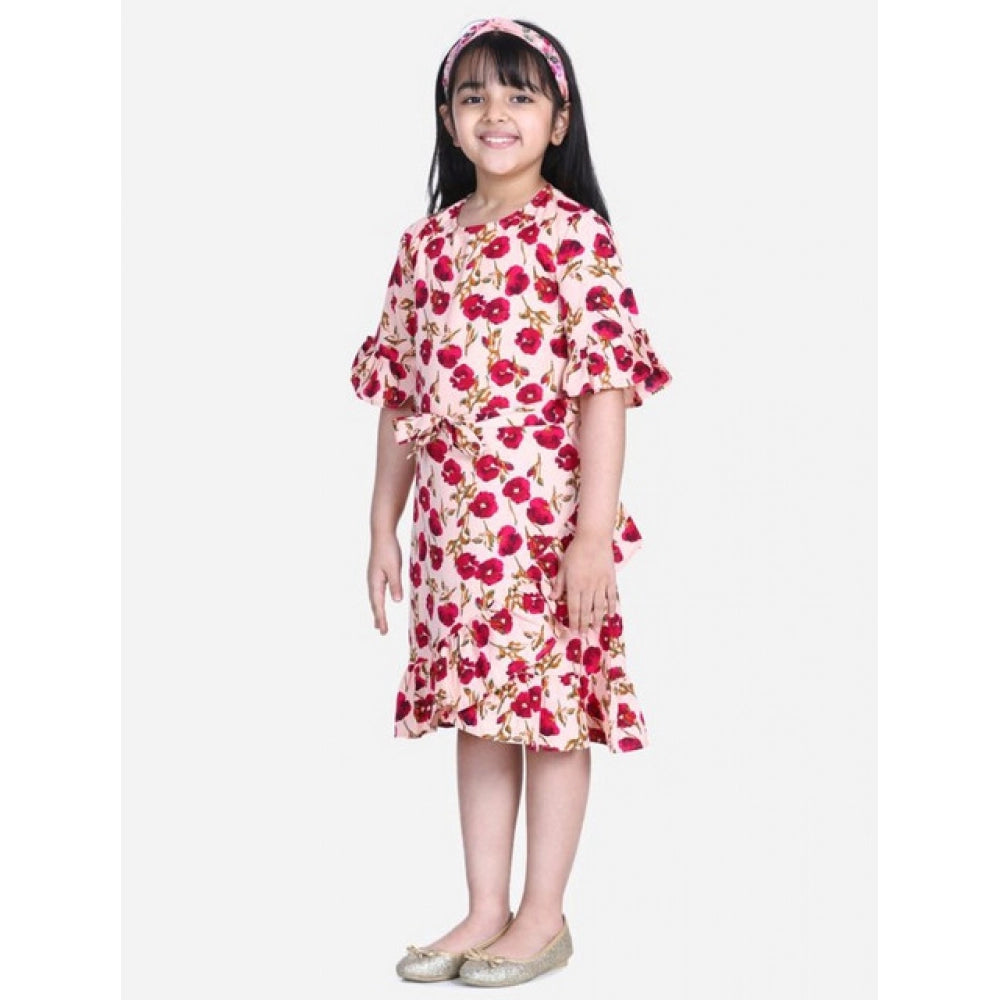 Amfyn Girl's Polyester Crepe Floral Bell Sleeve Dress (Red-Pink)