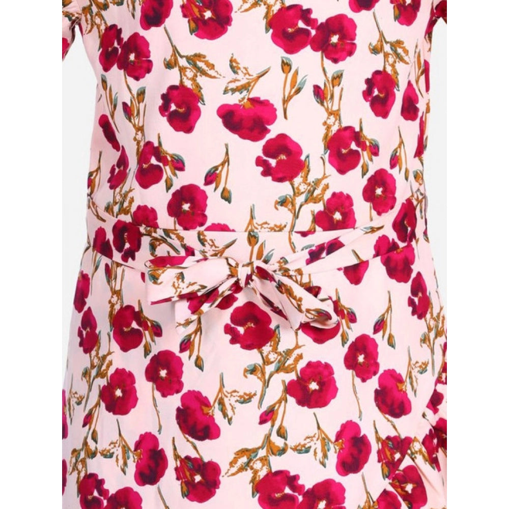 Amfyn Girl's Polyester Crepe Floral Bell Sleeve Dress (Red-Pink)