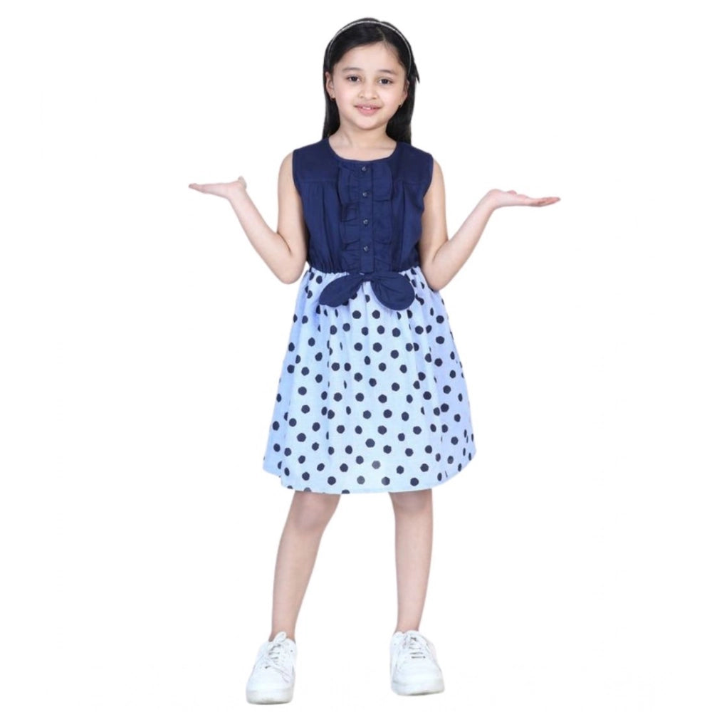 Amfyn Girl's Denim Polka Sleeveless Dress (Blue)