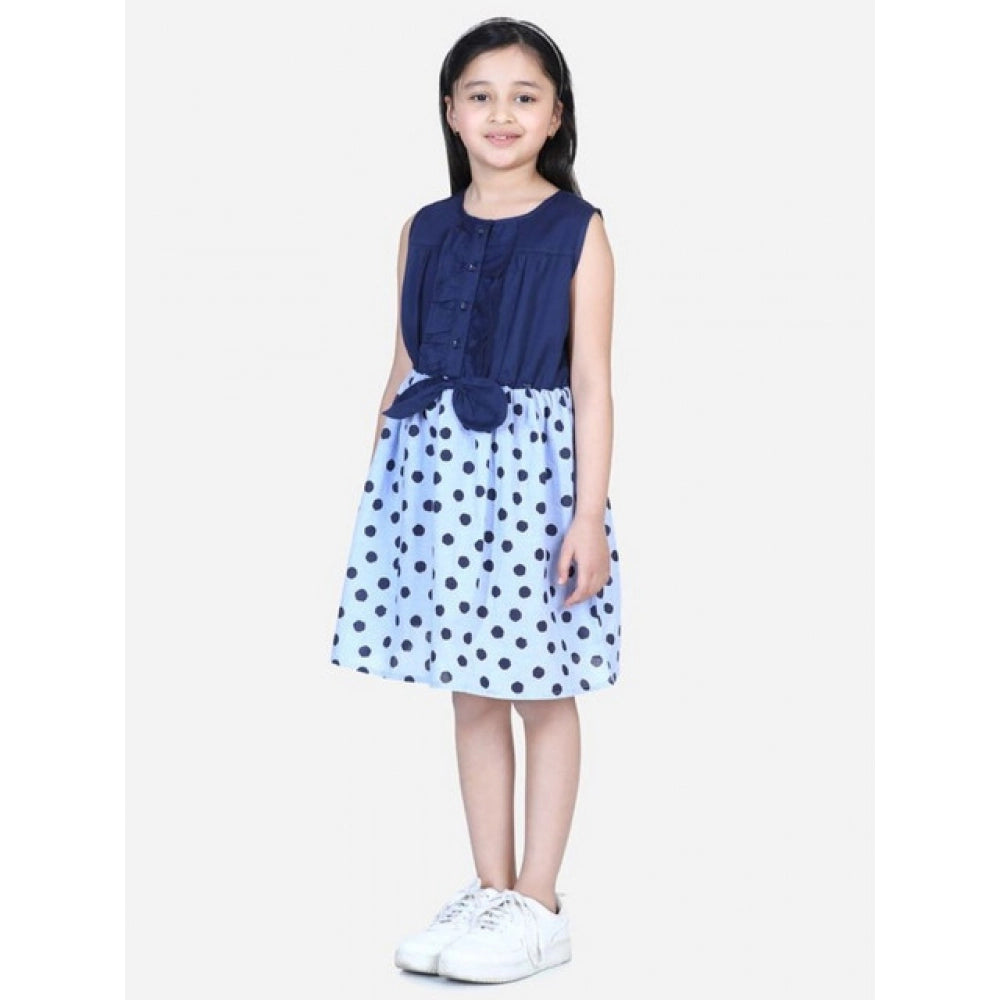Amfyn Girl's Denim Polka Sleeveless Dress (Blue)