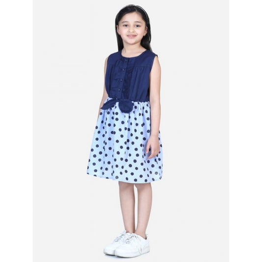 Amfyn Girl's Denim Polka Sleeveless Dress (Blue)
