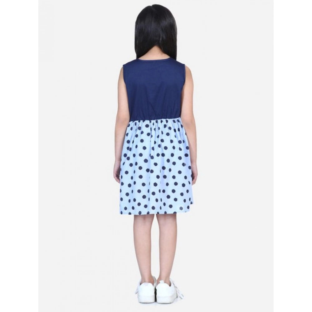Amfyn Girl's Denim Polka Sleeveless Dress (Blue)