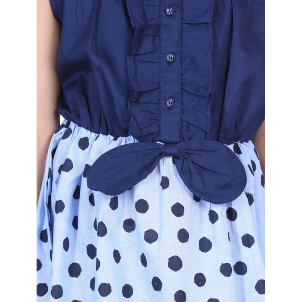 Amfyn Girl's Denim Polka Sleeveless Dress (Blue)