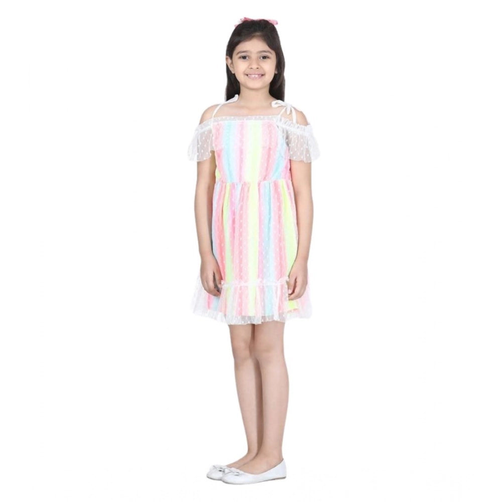 Amfyn Girl's Polyester Self Design Cold Shoulder Dress (Multicolor)