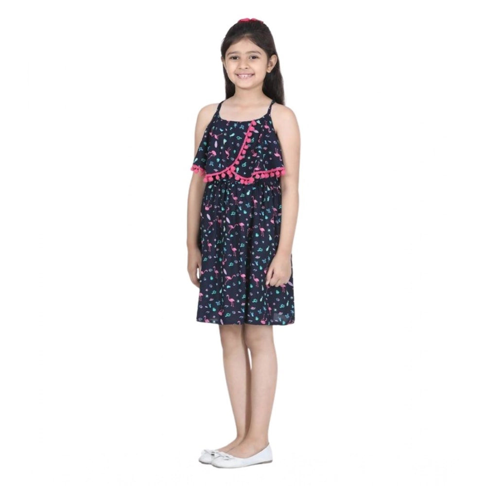 Amfyn Girl's Rayon Flamingo Print Sleeveless Dress (Black)