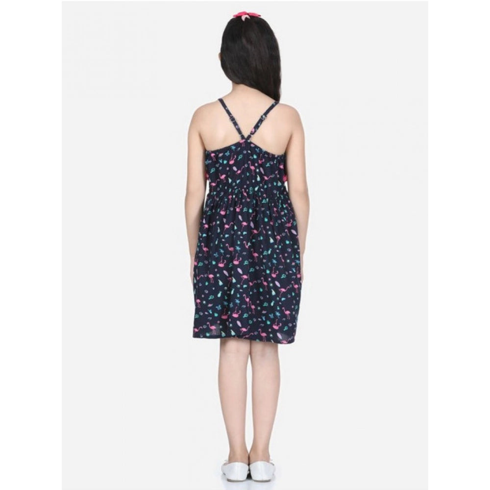 Amfyn Girl's Rayon Flamingo Print Sleeveless Dress (Black)