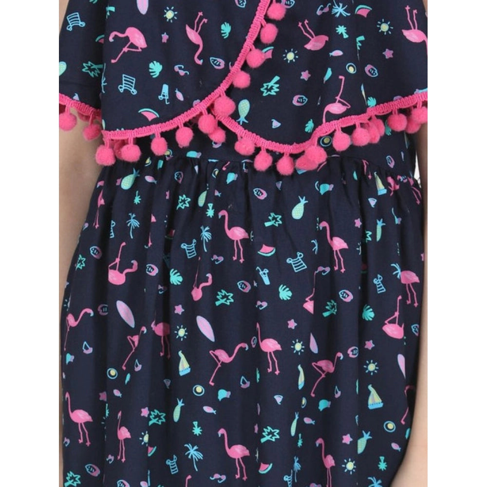 Amfyn Girl's Rayon Flamingo Print Sleeveless Dress (Black)
