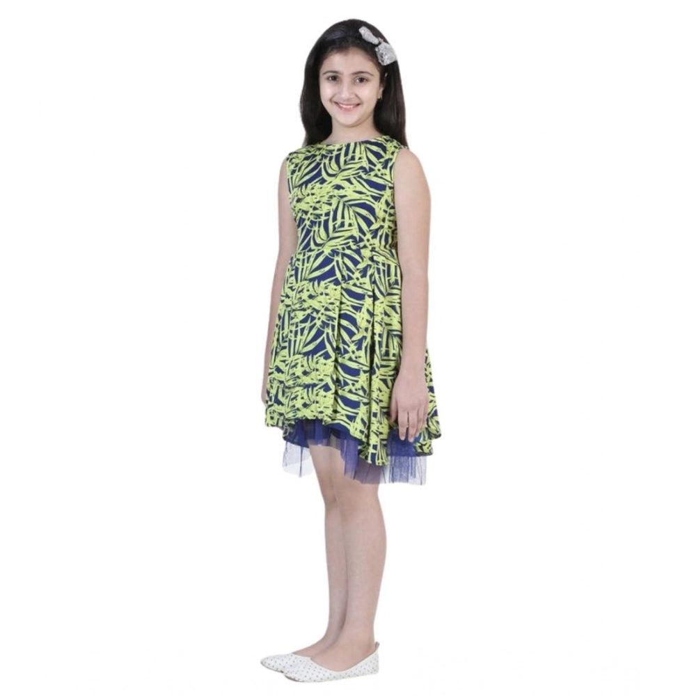 Amfyn Girl's Polyester Crepe &amp; Net Printed Sleeveless Dress (Yellow-Blue)
