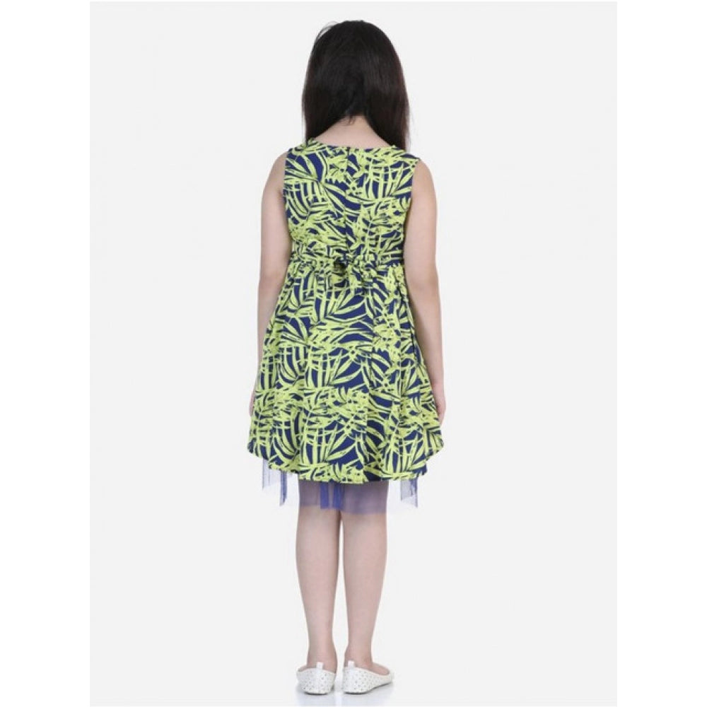 Amfyn Girl's Polyester Crepe &amp; Net Printed Sleeveless Dress (Yellow-Blue)