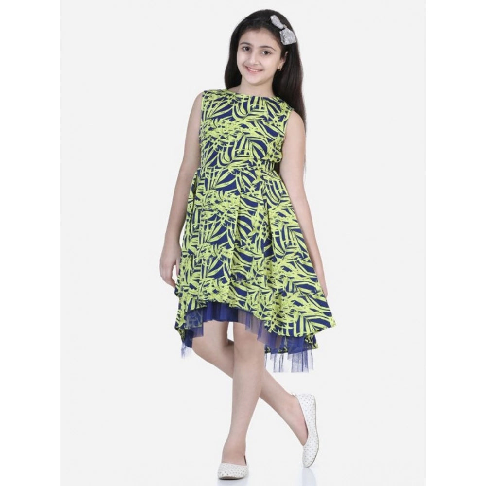 Amfyn Girl's Polyester Crepe &amp; Net Printed Sleeveless Dress (Yellow-Blue)
