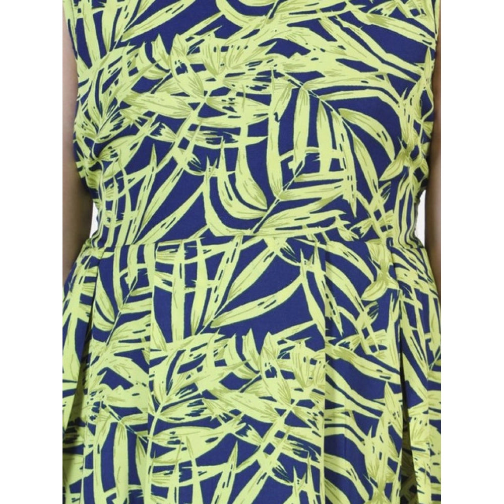 Amfyn Girl's Polyester Crepe &amp; Net Printed Sleeveless Dress (Yellow-Blue)