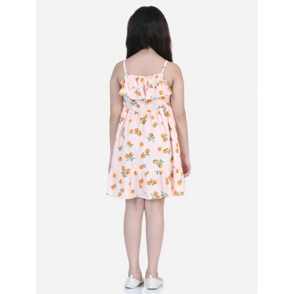 Amfyn Girl's Rayon Printed Sleeveless Dress (Orange)