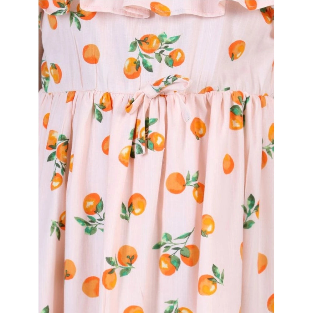 Amfyn Girl's Rayon Printed Sleeveless Dress (Orange)