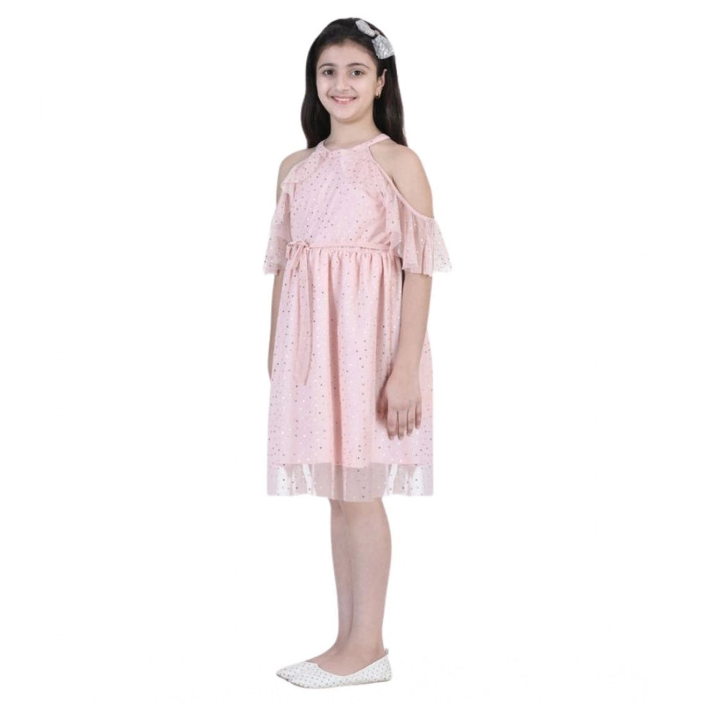Amfyn Girl's Net Printed Sleeveless Dress (Blush Pink)