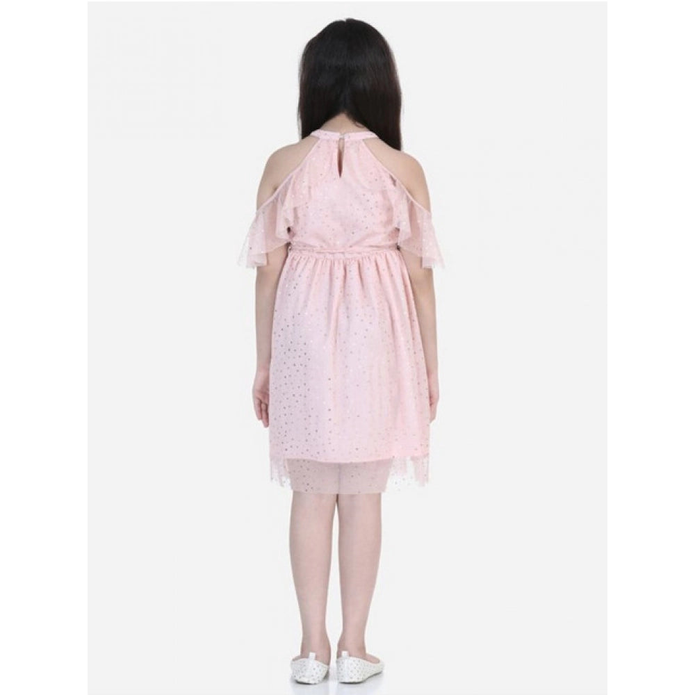 Amfyn Girl's Net Printed Sleeveless Dress (Blush Pink)