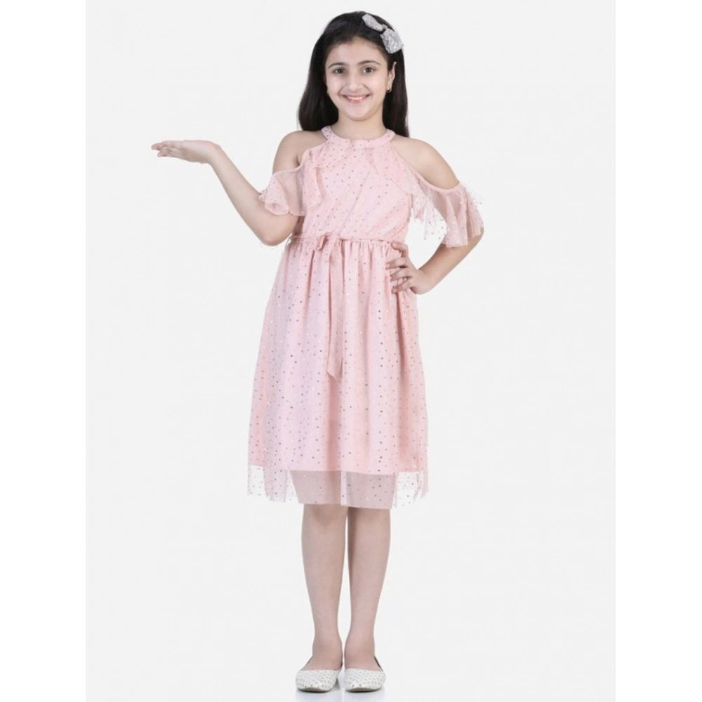 Amfyn Girl's Net Printed Sleeveless Dress (Blush Pink)