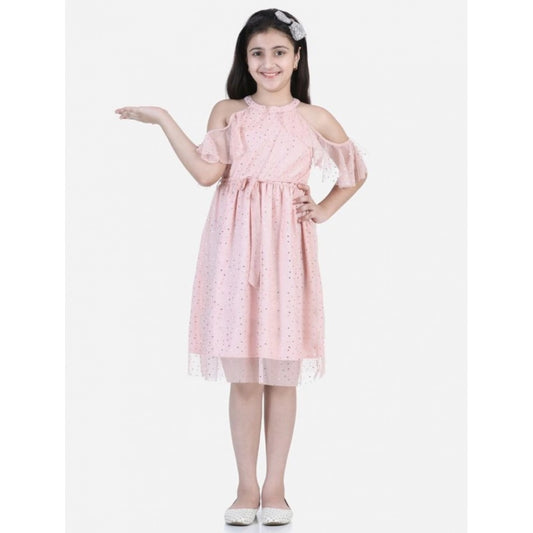 Amfyn Girl's Net Printed Sleeveless Dress (Blush Pink)