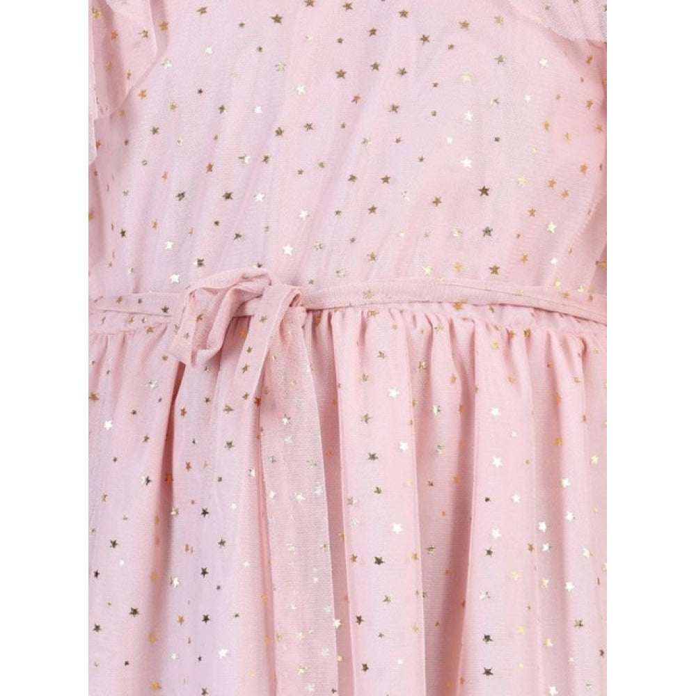 Amfyn Girl's Net Printed Sleeveless Dress (Blush Pink)