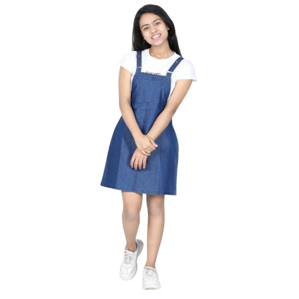Amfyn Girl's Denim Solid Sleeveless Dress (Blue)