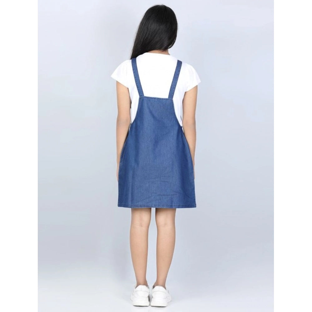 Amfyn Girl's Denim Solid Sleeveless Dress (Blue)
