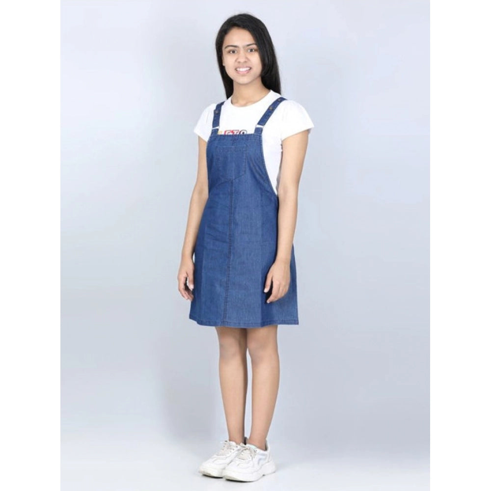 Amfyn Girl's Denim Solid Sleeveless Dress (Blue)