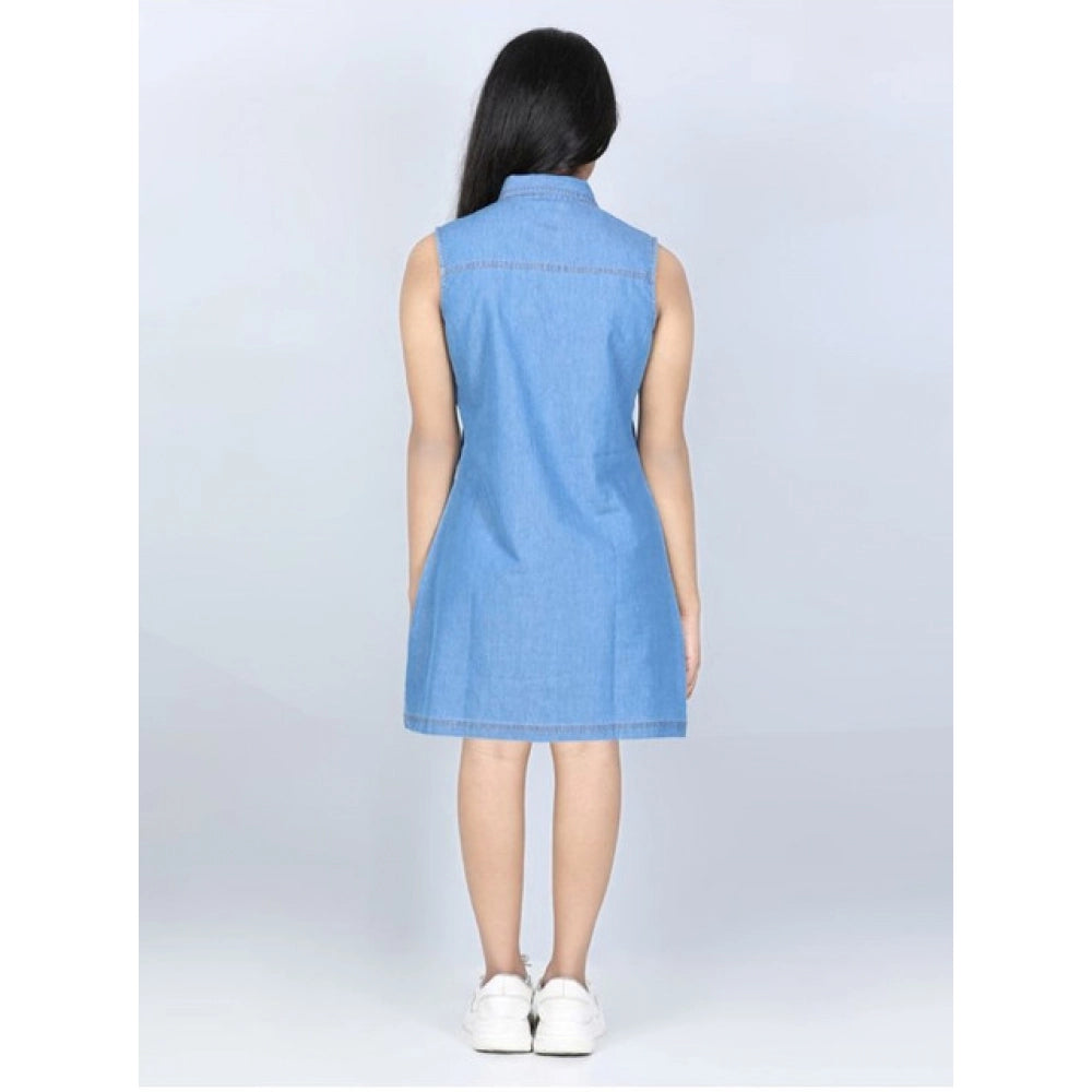 Amfyn Girl's Denim Solid Cold Shoulder Dress (Blue)